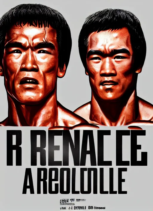 Image similar to Film poster Arnold Schwarzenegger VS Bruce lee , faces look at each other, detailed and realistic, 4k, filmic render