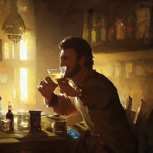 Image similar to 'portrait of a bard drinking in a tavern, art by Greg Rutkowski, 4k'