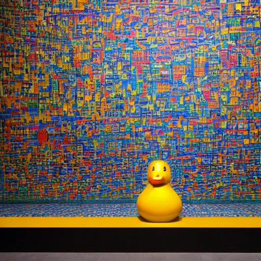 Prompt: wide shot, one photorealistic rubber duck in foreground on a pedestal in an museum gallery, british museum, the walls are covered with colorful geometric wall paintings in the style of sol lewitt, tall arched stone doorways, through the doorways are more wall paintings in the style of sol lewitt.