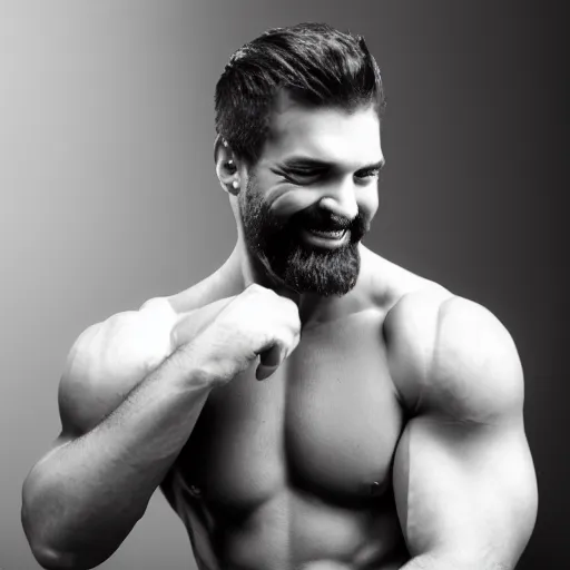 Image similar to grey - scale portrait of a man looking slightly left with a pronounced long square chin with thin face, has thick facial hair, very short black hair, manly face, widely grinning, body builder, large chest muscles, no shirt, dark lighting, dark grey background