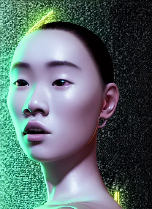 Prompt: an asian female humanoid with freckled cheeks, cyber neon lighting, futurism, intricate futuristic metal jewelry, cyberpunk glossy white latex swimwear, profile posing, hyper photorealistic, crispy quality, digital photography, trending in artstation, trending in pinterest, cinematic, 4 k ultra hd, art by pascal blanche, art by greg rutkowski,