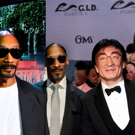 Image similar to a picture of the rock, snoop Dogg and Jackie Chan posing together for the camera