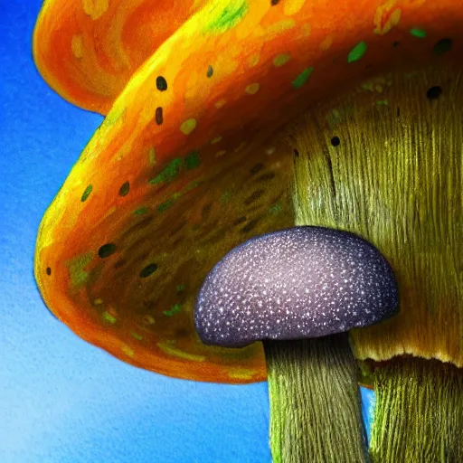 Image similar to macro photo with a singular mushroom character with cute eyes and mycelium, very close to real nature, natural colors and natural surroundings, painted patterns and coloring on mushrooms, 8K, highly detailed, cartoon