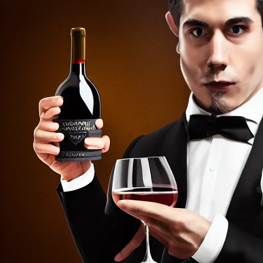 Image similar to a dragon man wearing tuxedo holding a wine bottle portrait, digital art, digital painting, masterpiece, elegant, hyper realistic, award winning, 8 k, behance, artstation, unreal engine 5, octane render, masterpiece, sharp focus, intricate, ornate