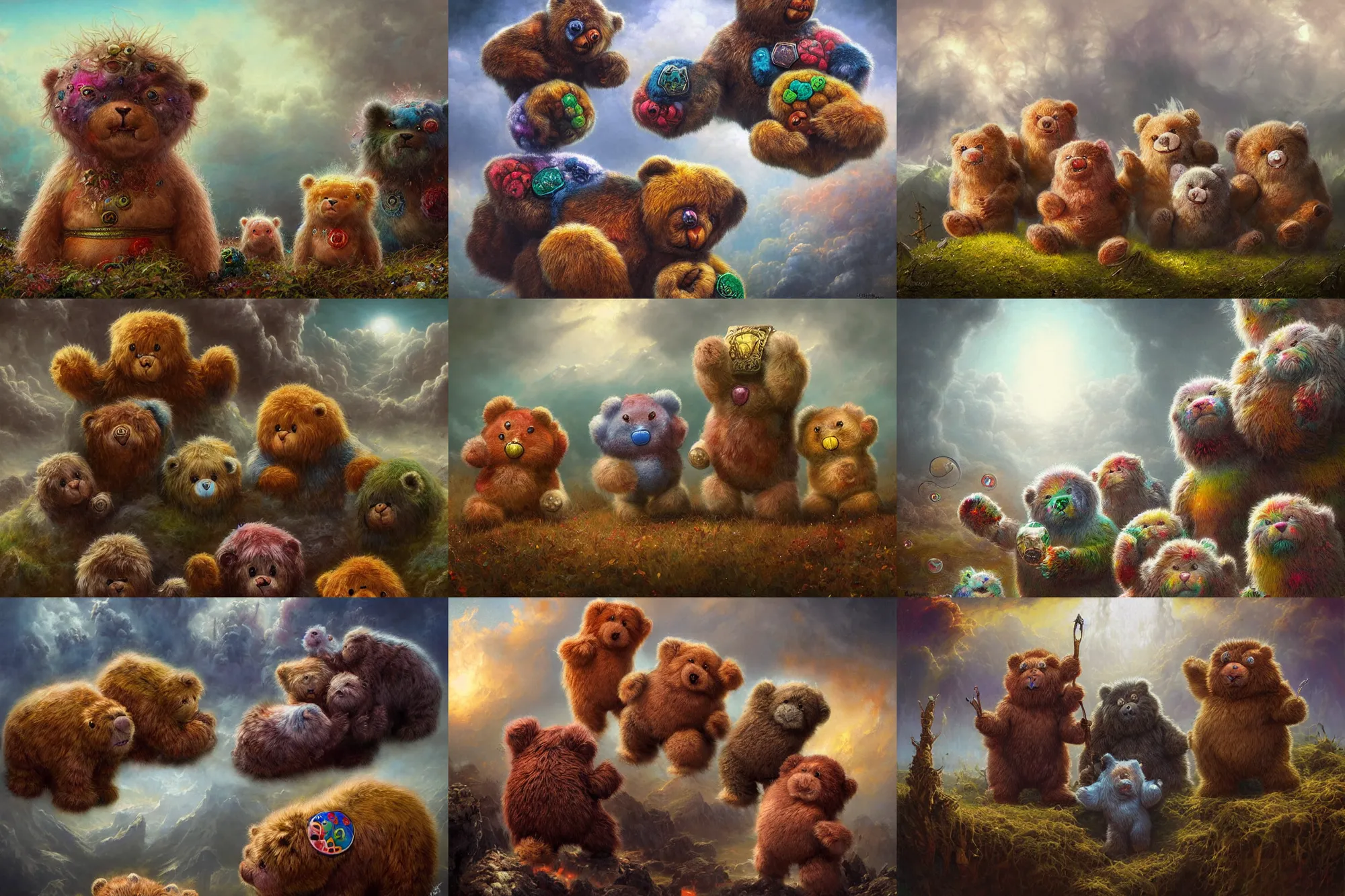 Prompt: highly detailed elden ring portrait photo of multicolored furbolg care bears with different badges on their bellies tormenting the souls of the damned ontop a white cloud landscape in hell, hyperrealistic illustration by william didier pouget and tomasz alen kopera