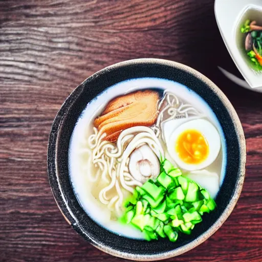 Image similar to A top view of a tonkotsu ramen next to a window on a rainy day