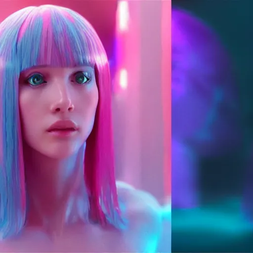 Image similar to joi from blade runner 2 0 4 9 as a giant pink translucent hologram with blue hair, neo - noire