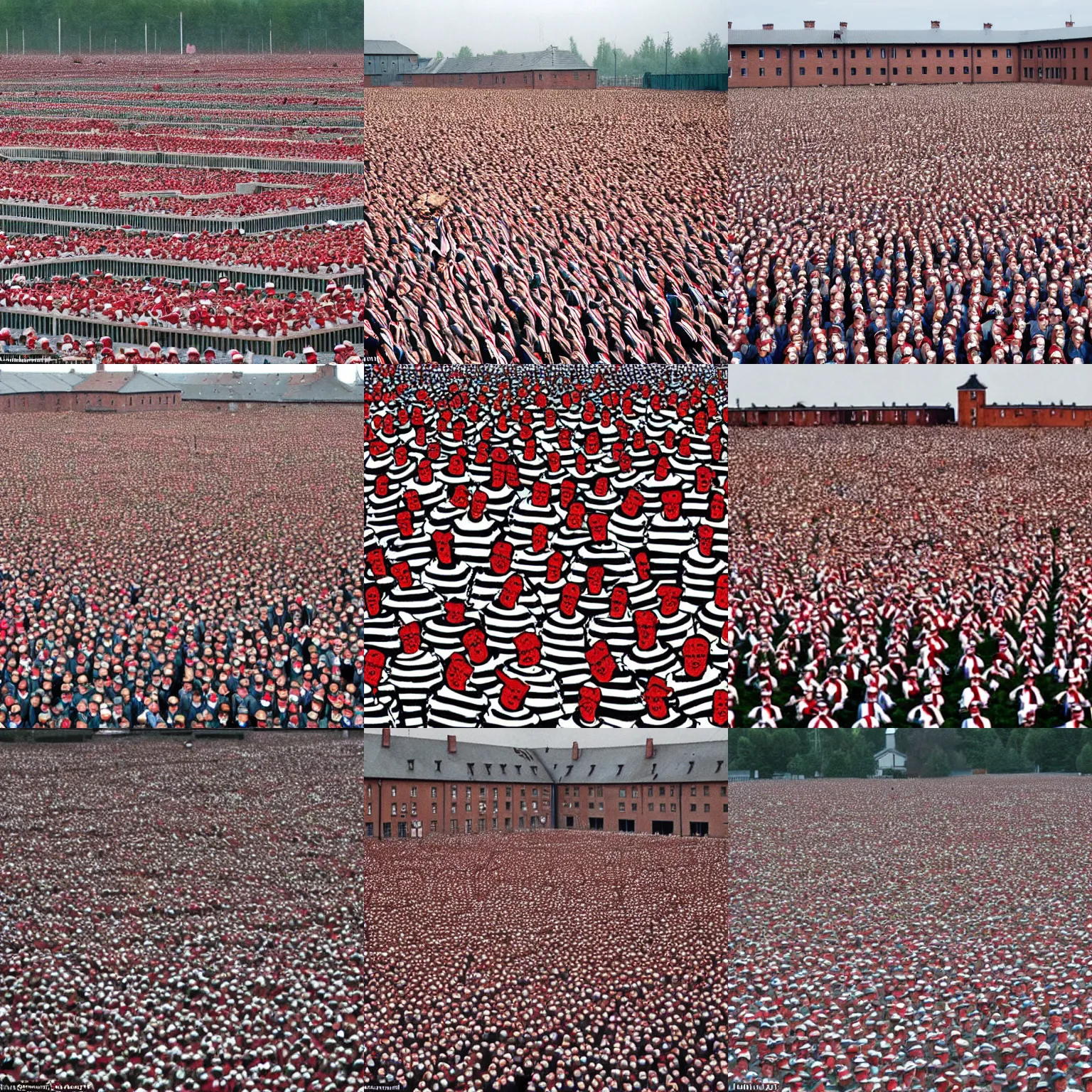 Prompt: where's wally image of the auschwitz concentration camp, in the style of'where's wally?'