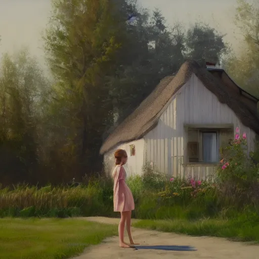 Prompt: cottage with emma watson standing in front, aesthetic, oil painting, pale colors, high detail, 8 k, wide angle, trending on artstation,