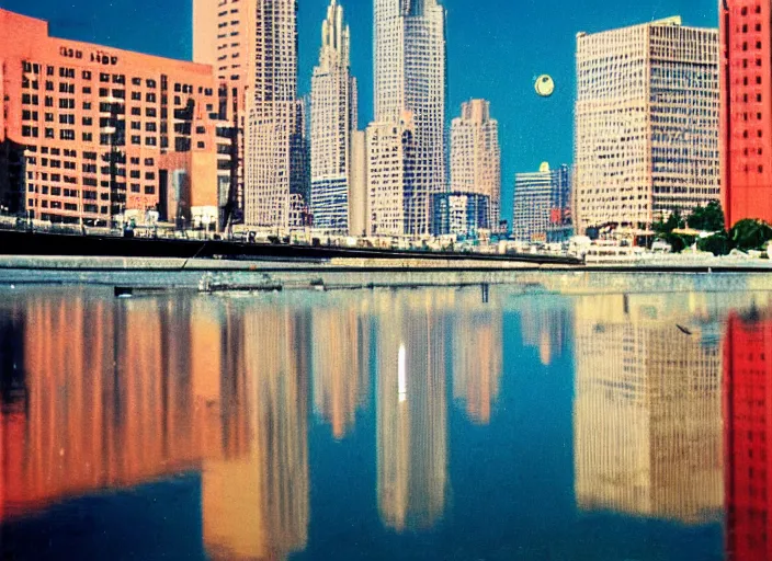 Prompt: retro color photo of a city skyline in the 8 0's. reflections in the water. boats in the water