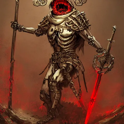 Image similar to concept art of skeleton holding a medieval shield and spear, d & d surrounded by red evil death tentacles, hyper detailed, hyper realistic, dark atmosphere, full body, full frame in the style of frank frazetta