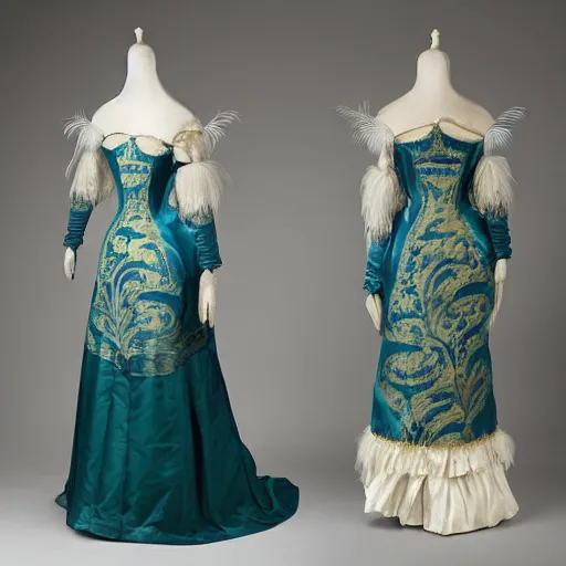 Image similar to the decorative detail of padded satin rouleaux are applied lavishly to this 1 8 2 0 s blue and green gauze dress. the feather pattern is an ethereal choice in gauze, overlaid with the couched loops of ivory silk.