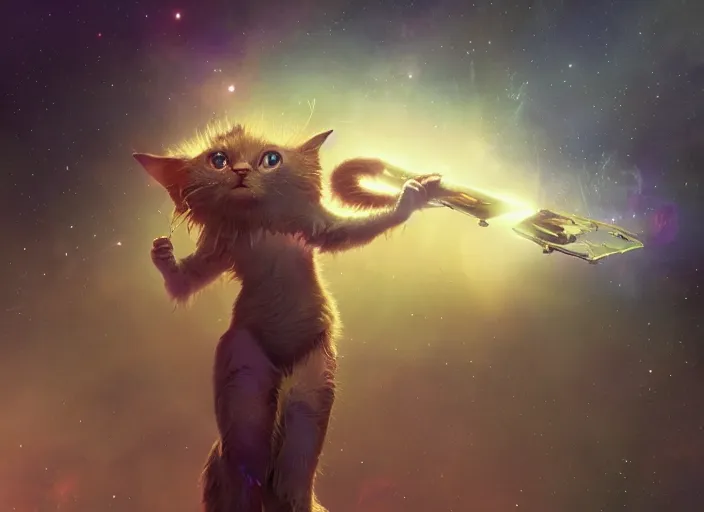 Prompt: a space cat from a musical sci - fi space opera, animated film, volumetric lighting, octane render by stanley artgerm lau, greg rutkowski, thomas kindkade, alphonse mucha, loish, norman rockwel,
