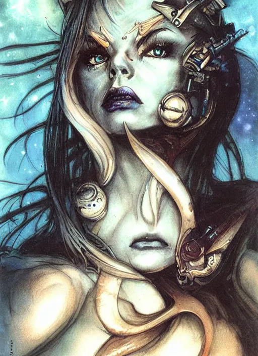 Prompt: portrait of female space pirate, night sky background, beautiful! coherent! by brom, by brian froud, deep color, strong line, high contrast