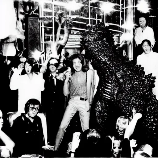 Image similar to extremely realistic toho godzilla partying at studio 5 4 b & w grainy photograph lots of celebrities including very realistic andy warhol