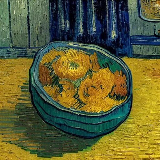 Image similar to vincent van gogh [ within bowl ]!!! resting on table, trending on artstation, cgsociety, [ overhead view ]!!, 4 k quality, intricately defined, professional photography, complexly detailed, polycount