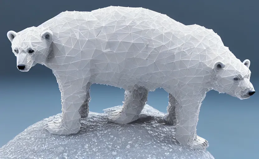 Prompt: polar bear as alow poly, kevlar, octa core, watercooled plates with crystal elements as a power source with an arctic-based, geometric backdrop; led, robotic, abstract, front profile shot, cycles render, 4k