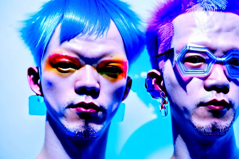 Image similar to a close - up risograph of cyberpunk albinism japanese model men wearing lots of transparent and cellophane accessories, huge earrings and queer make up, blue hour, twilight, cool, portrait, crispy, full - shot, blue sky, kodachrome, photo by mayumi hosokura, style by moebius