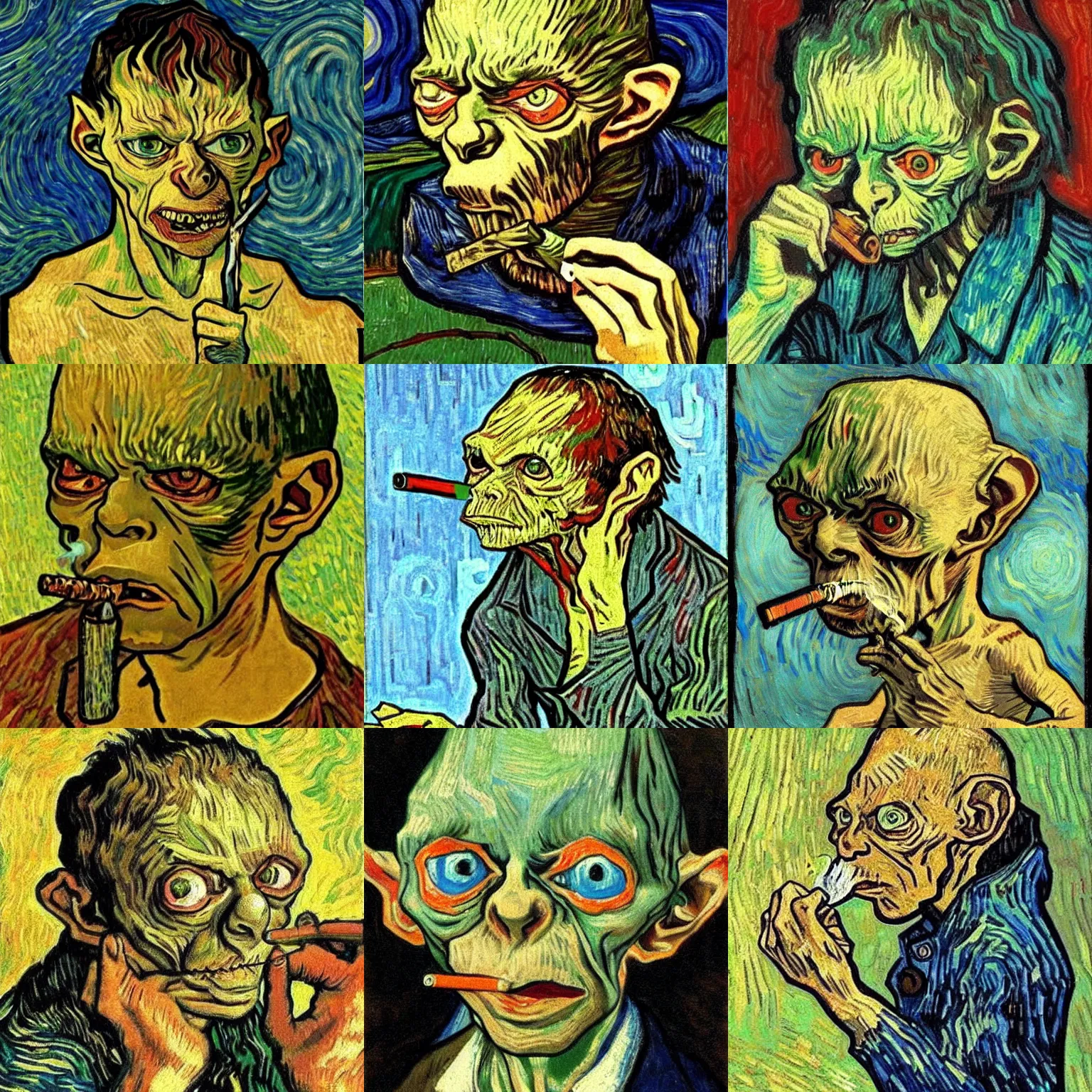 Prompt: Gollum in Vincent van Gogh style, smoking cigarette