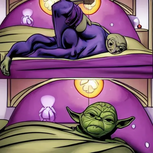 Prompt: thanos sleeping in bed next to yoda