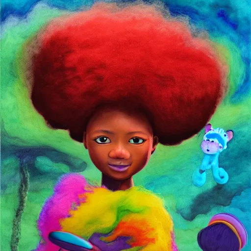 Prompt: an african girl with a colorful afro and big beautiful eyes playing with her pet rainbow tiger, bright colours, watercolor, volumetric wool felting, macro photography, children illustration, by goro fujita