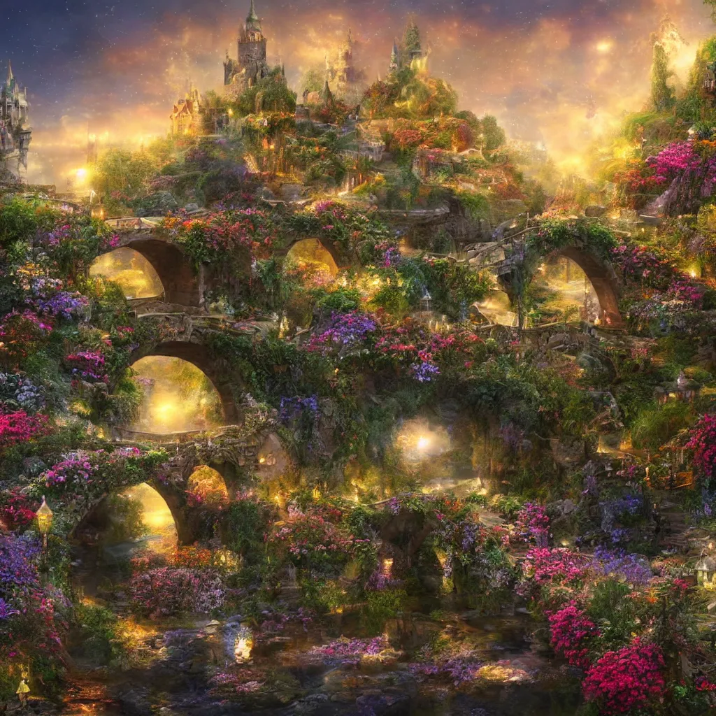 Prompt: 3 d high relief painting of fairyland bridge, outside of time and space, dreamy, romantic, night lighting, highly detailed, 8 k