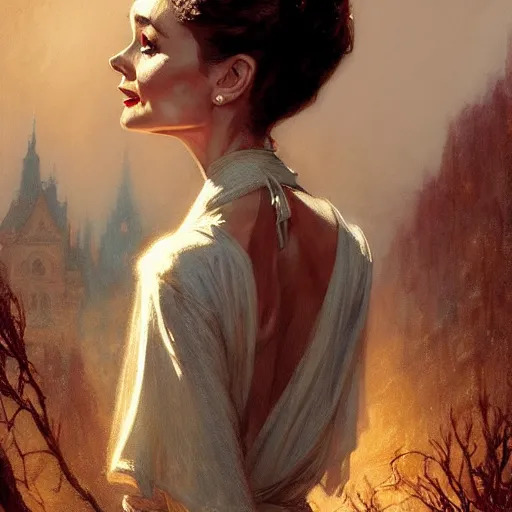 Image similar to audrey hepburn in a horror novel, various backgrounds, highly detailed, digital painting, artstation, matte, illustration, art by gaston bussiere, greg rutkowski, j. c. leyendecker