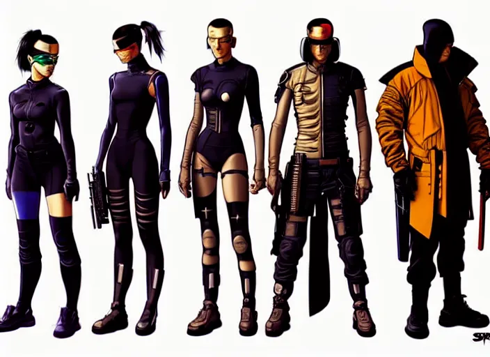 Image similar to cyberpunk samurai squad. portrait by stonehouse and mœbius and will eisner and gil elvgren and pixar. character design. realistic proportions. cyberpunk 2 0 7 7 character art, blade runner 2 0 4 9 concept art. cel shading. attractive face. thick lines. the team. diverse characters. artstationhq.