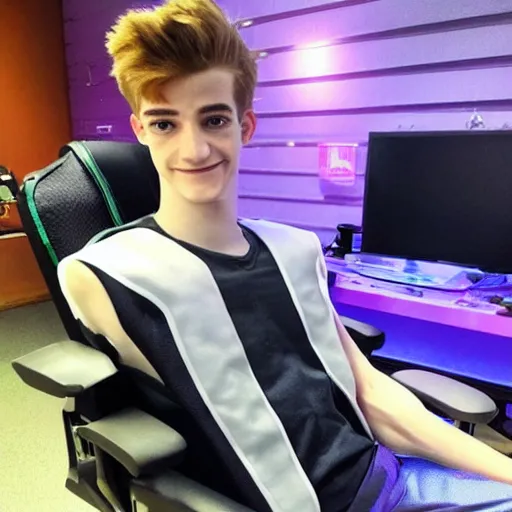 Image similar to “a realistic detailed photo of a guy who is an attractive humanoid who is half robot and half humanoid, who is a male android, twitch streamer Ninja Tyler Blevins, shiny skin, posing like a statue, blank stare, on a gaming chair streaming”