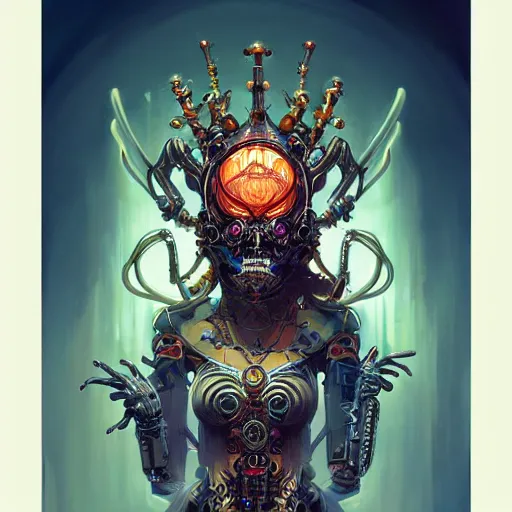 Image similar to biomechanical spider king, cyberpunk, bionics, augments, lights, cables, elegant gleaming intricate baroque jewellery, colorful, vivid, imposing, epic, digital painting, artstation, concept art, by peter mohrbacher and wlop and rhads,