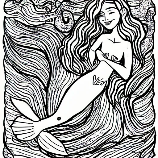 Prompt: Drawing for kids of a mermaid in the sea, line Art