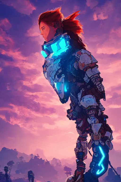 Image similar to combination suit armor aloy horizon forbidden west horizon zero dawn radiating a glowing aura global illumination ray tracing hdr fanart arstation by ian pesty and alena aenami artworks in 4 k tribal robot ninja mask helmet backpack