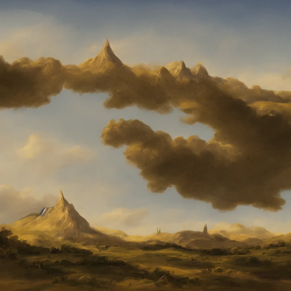 Image similar to a wide angle landscape of a praire with a very large thin spire mountain in the distance in the style of rococo digital painting