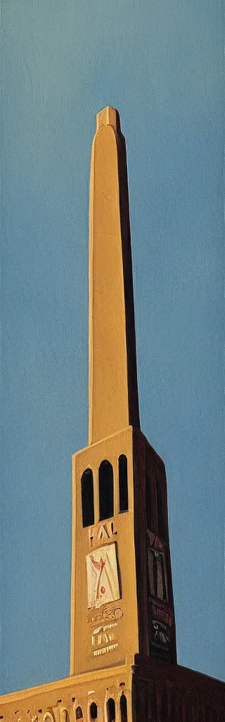 Image similar to a painting of Coughlin Campanile, golden hour, an art deco painting by Grant Wood, featured on behance, american scene painting, movie poster, poster art, concert poster