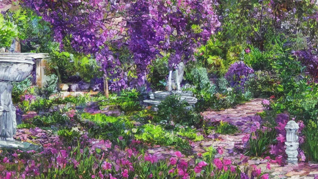 Image similar to tranquil painting of purple garden with green trees and a water fountain in the middle of garden, detailed, 8k, mesmerizing, low saturation, high resolution