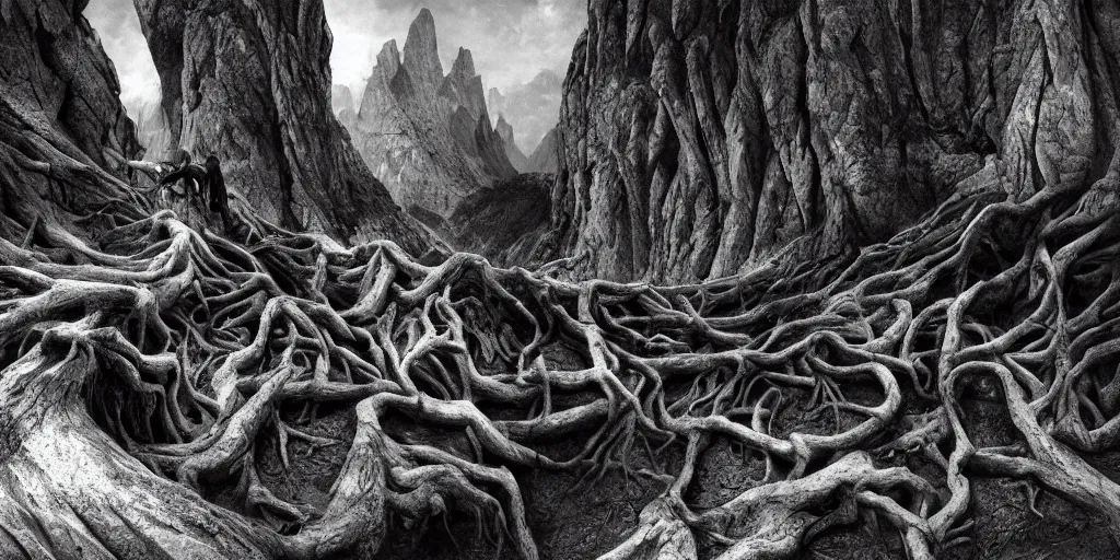 Image similar to ego perspective photography roots sprawling, climbing, forest, dolomites, alpine, detailed intricate insanely detailed octane render, 8k artistic 1920s photography, photorealistic, black and white, chiaroscuro, hd, by David Cronenberg, Raphael, Caravaggio