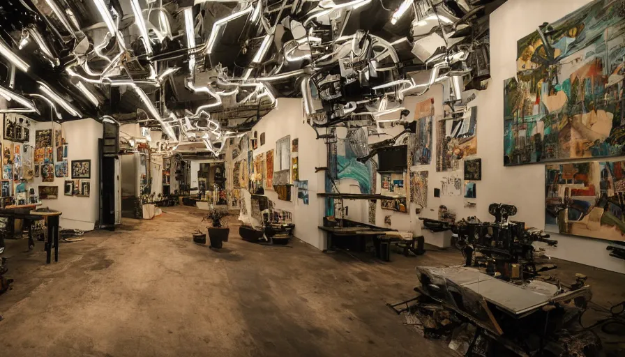 Prompt: dramatic photo of an art factory, photos of landscapes covering the walls, robots painting natural landscapes on canvas, cinematic lighting, wide angle