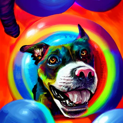 Prompt: snarling hell hound playing with a colorful beachball in hell, digital painting, trending on artstation