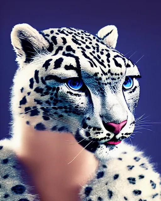 Image similar to natural light, soft focus portrait of a cyberpunk anthropomorphic snow leopard with soft synthetic pink skin, blue bioluminescent plastics, smooth shiny metal, elaborate ornate head piece, piercings, skin textures, by annie leibovitz, paul lehr