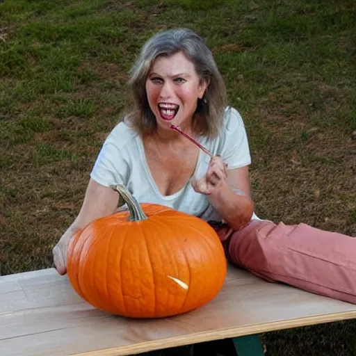 Prompt: A newspaper photo of a Caucasian woman sitting on a picnic table painting a funny face on a pumpkin