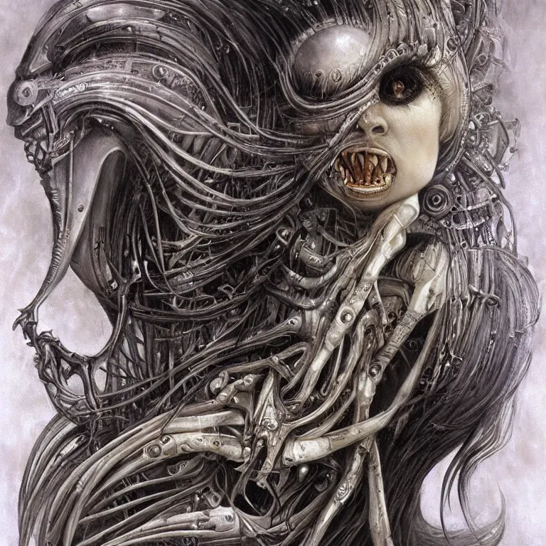 Prompt: beautiful biomechanical moon goddess, flowing hair, intense stare, sweet smile, concept art, realistic oil painting by h. r giger,