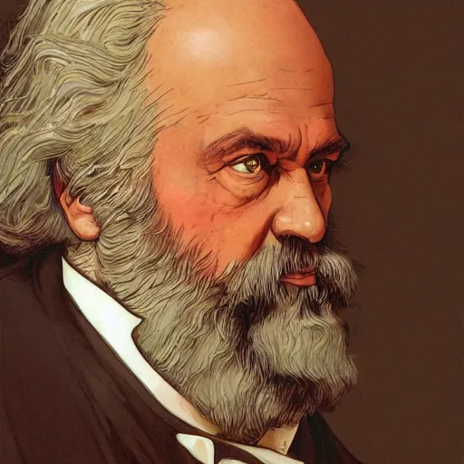 Image similar to Karl Marx pondering his orb, highly detailed, digital painting, artstation, concept art, smooth, sharp focus, illustration, art by todd lockwood and magalie villeneuve and alan lee and artgerm and greg rutkowski and alphonse mucha