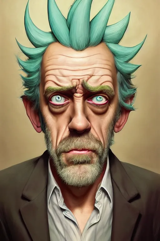 Image similar to Hugh Laurie as crazy genius Rick Sanchez from Rick and Morty, unibrow, white robe, big eyes, realistic portrait, symmetrical, highly detailed, digital painting, artstation, concept art, smooth, sharp focus, illustration, cinematic lighting, art by artgerm and greg rutkowski and alphonse mucha