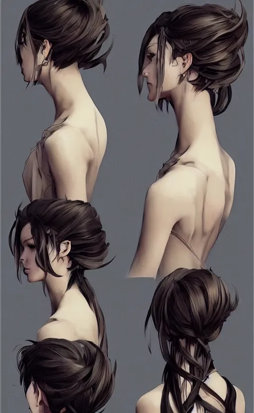 Image similar to hairstyle elegant and long, character's back is to us completely, pinterest hair picture, back of the hair, In style of Yoji Shinkawa, krenz cushart, Greg Rutkowski, highly detailed