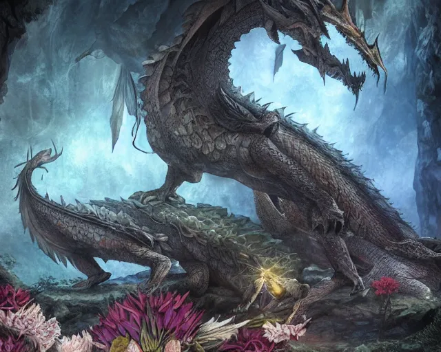 Prompt: Giant Dragon resting in a cave, natural light, dead plants and flowers, elegant, intricate, fantasy, atmospheric lighting, by Peter Morhbacher, anime styled art, HD, highly detailed