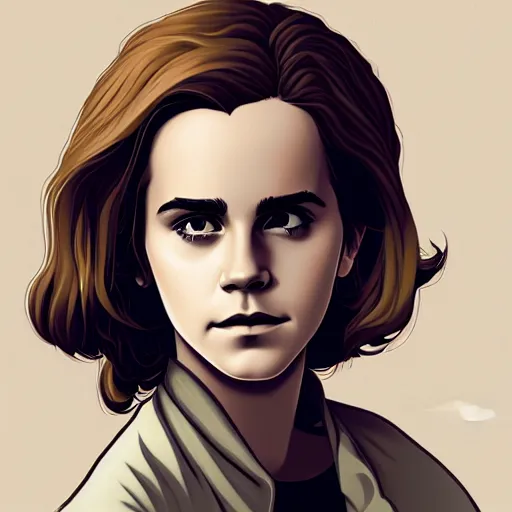 Image similar to Portrait of Emma Watson as Hermione Granger. Patryk Hardziej. Tomer Hanuka. Highly detailed. 4K.