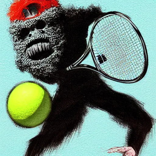 Image similar to a tennis ball monster, tennis ball, dark, chalky, nautical, digital art, fantasy, magic, trending on artstation, ultra detailed, professional illustration by Basil Gogos