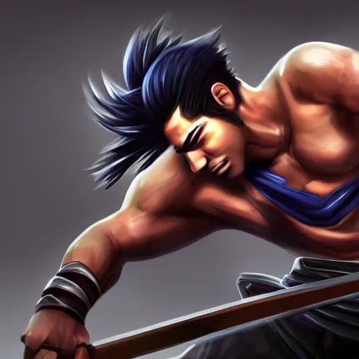 Prompt: Yasuo from League of Legends doing crunches, photorealistic, highly detailed