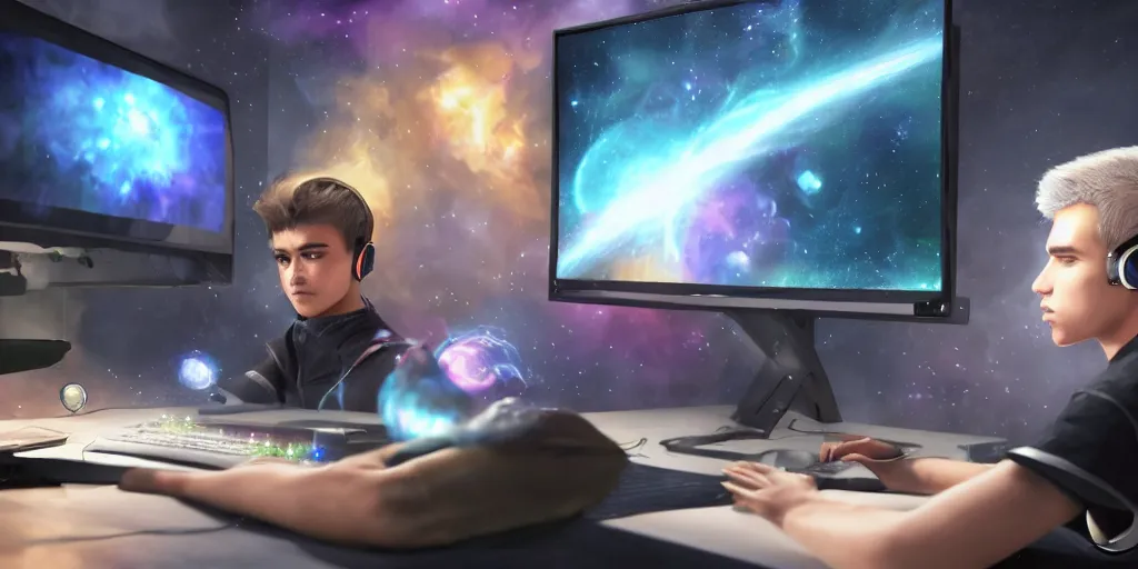 Image similar to a young mage creating a universe in his PC, a male mage in his 20s with black hair wearing headphones sitting in front of wide monitor, hands on a keyboard. hyperrealistic, extremely detailed, award-winning art, trending on Artstation