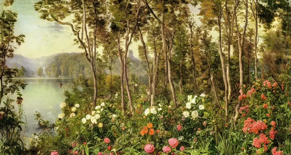 Prompt: atlas texture map megascans, flowers by the lake with forest in background, white background illustrated by eugene von guerard, ivan shishkin, john singer sargent